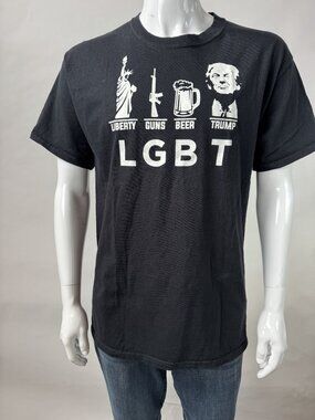 Port & Company Mens Large T-Shirt LGBT Liberty Guns Beer Trump Graphic Black Cot